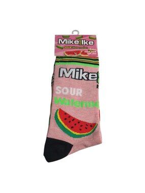 Mike Ike Sour Watermelon Crew Socks One Size Novelty Candy Pink Green Fun Gift